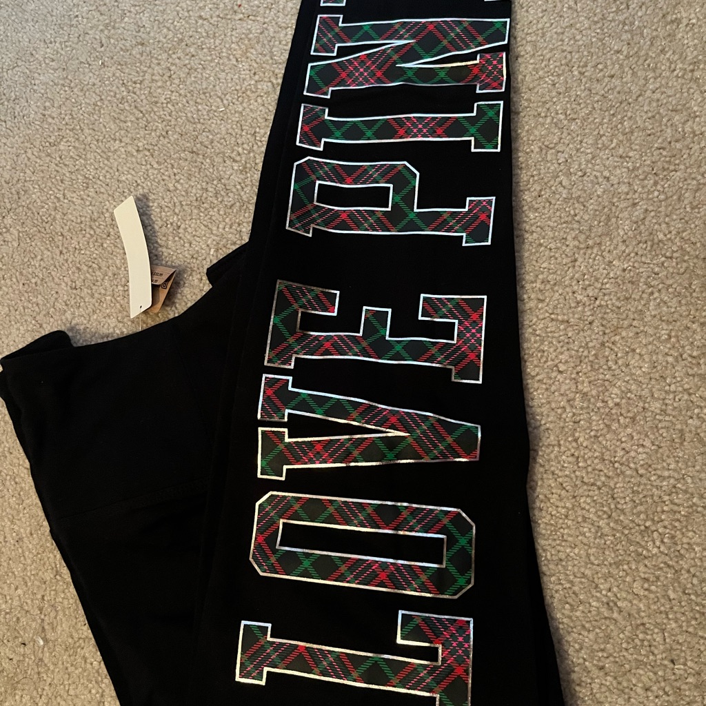 Pink Victoria's Secret Black Leggings With Plaid Love Print
